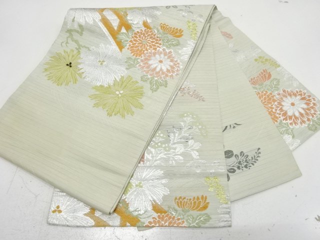  アンティーク　絽　橋に菊・秋草模様織り出し丸帯（材料）